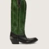 Botas altas Wish Star para mujer en piel negra con caña de piel verde y bordados blancos