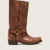 Botas moteras altas de mujer en piel marrón con correa y hebilla en color oro antiguo