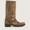 Botas moteras altas para mujer en ante encerado beige oscuro con correa y hebilla plateada