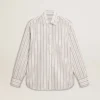 Camisas de algodón blancas para hombre con finas rayas burdeos