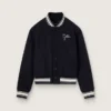 Chaqueta bomber de mujer de lana azul oscuro con detalles en blanco