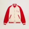 Chaqueta bomber en blanco desgastado y rojo con bordados