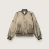 Chaqueta bomber unisex de satén verde con dobladillos y cuello acanalados
