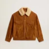 Chaqueta de hombre en piel dividida color tabaco con cuello de borreguillo