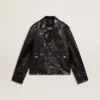 Chaqueta motera de cuero negro para hombre con efecto brillante