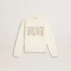 Sudadera blanca para niñas con letras doradas multicolores en la parte delantera