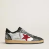 Zapatillas Ball Star LTD para hombre en piel laminada plateada con estrella de ante rojo e inserciones negras