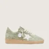 Zapatillas Ball Star para mujer en ante verde salvia con estrella de piel blanca y bordado floral de Swarovski tono sobre tono