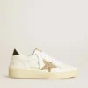 Zapatillas Ball Star para mujer en piel blanca con estrella dorada con purpurina y lengüeta del talón negra con purpurina