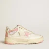Zapatillas Forty2 para hombre con estrella rosa y lengüeta trasera de cuero blanco