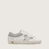 Zapatillas «Old School» para niños en piel blanca con estrella de piel plateada metalizada e inserciones de cristales plateados