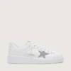 Zapatillas Purestar para mujer en piel blanca con estrella de cristal Swarovski plateada