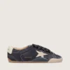 Zapatillas True-Star para mujer en ante azul oscuro con estrella y lengüeta en el talón de piel napa blanca