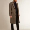 Abrigo de lana de hombre de un solo botonero con tejido en espiga beige y gris