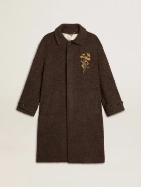 Abrigo «Journey» de hombre, de un solo pecho, en mezcla de lana arrugada con broche floral