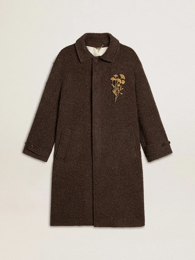 Abrigo «Journey» de hombre, de un solo pecho, en mezcla de lana arrugada con broche floral