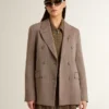 Americana de doble botonadura para mujer en mezcla de lana con estampado de chevron beige