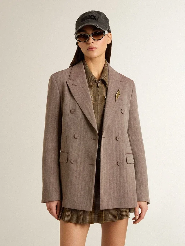 Americana de doble botonadura para mujer en mezcla de lana con estampado de chevron beige