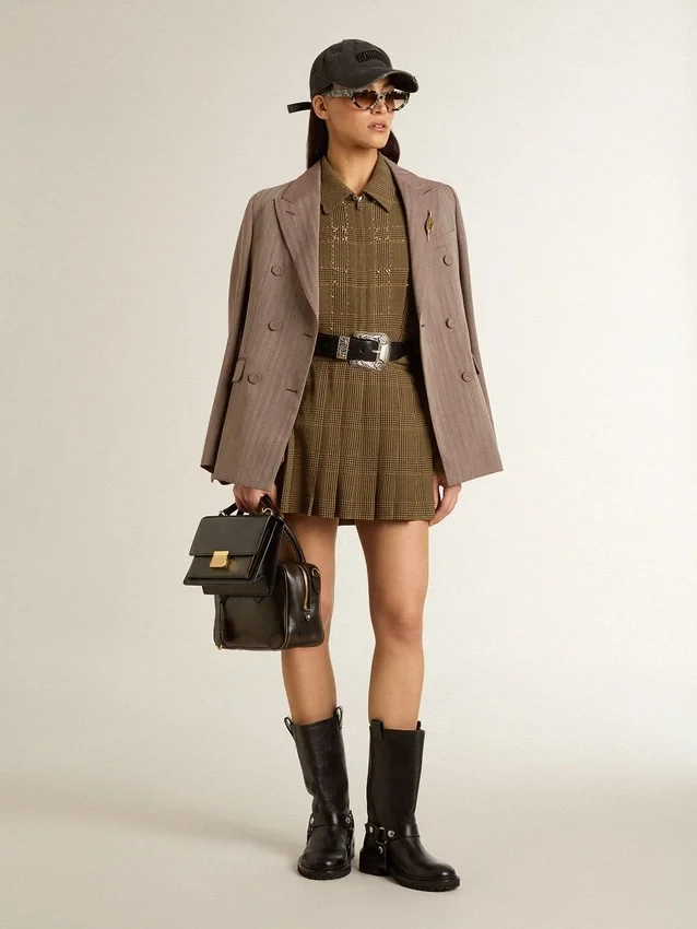 Americana de doble botonadura para mujer en mezcla de lana con estampado de chevron beige