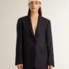 Americana de mujer de lana azul medianoche de una sola fila de botones
