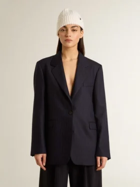 Americana de mujer de lana azul medianoche de una sola fila de botones