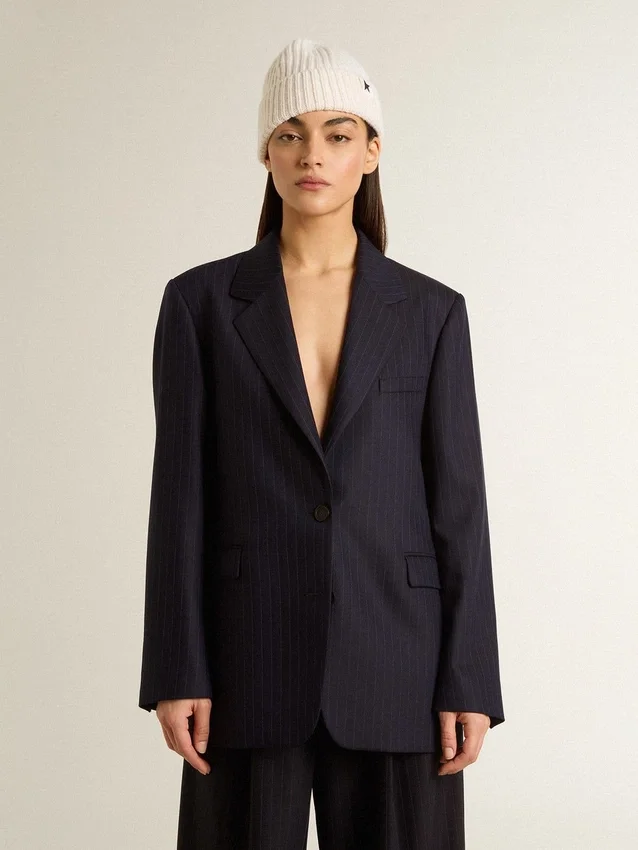 Americana de mujer de lana azul medianoche de una sola fila de botones