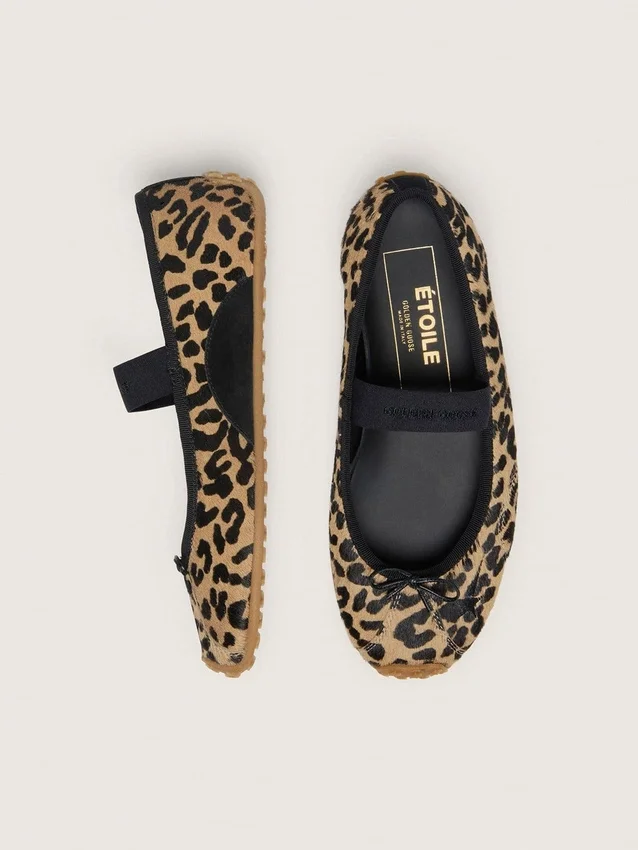 Bailarinas Étoile de piel de potro con estampado de leopardo, estrella bordada en negro y tira elástica