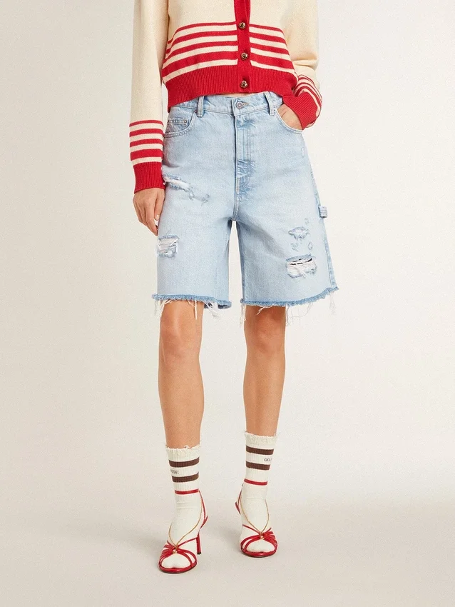 Bermudas de mujer en denim con efecto desgastado