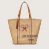 Bolso tote «24.7» de rafia natural y piel marrón con detalles metálicos dorados