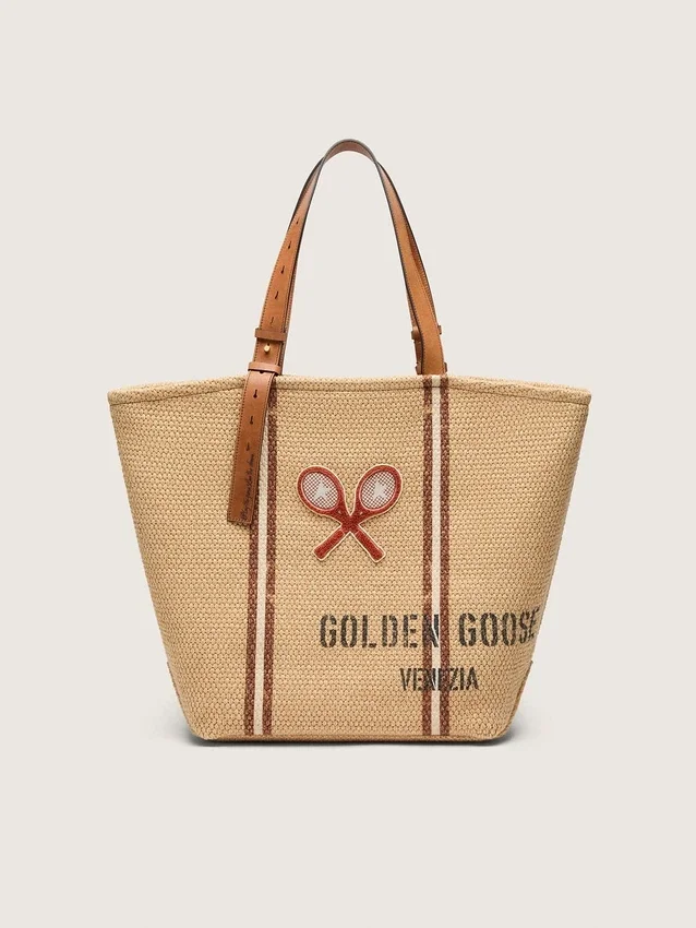 Bolso tote «24.7» de rafia natural y piel marrón con detalles metálicos dorados