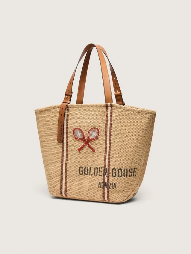 Bolso tote «24.7» de rafia natural y piel marrón con detalles metálicos dorados