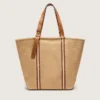 Bolso tote «24.7» de rafia natural y piel marrón con detalles metálicos dorados