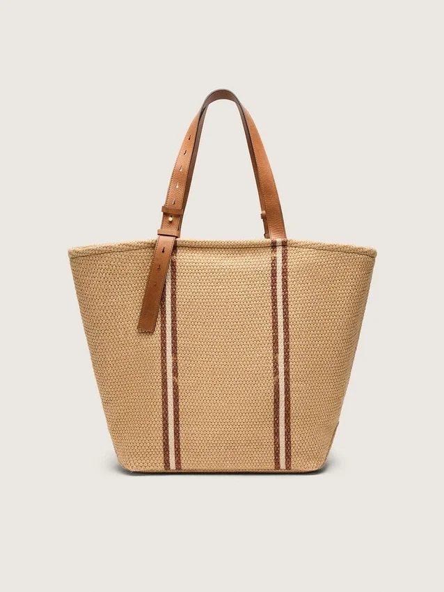 Bolso tote «24.7» de rafia natural y piel marrón con detalles metálicos dorados