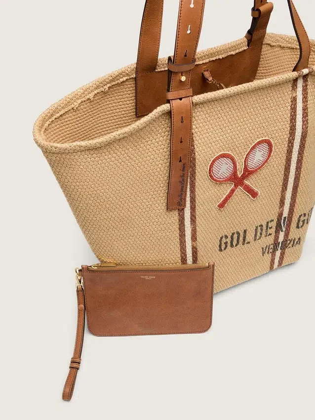 Bolso tote «24.7» de rafia natural y piel marrón con detalles metálicos dorados