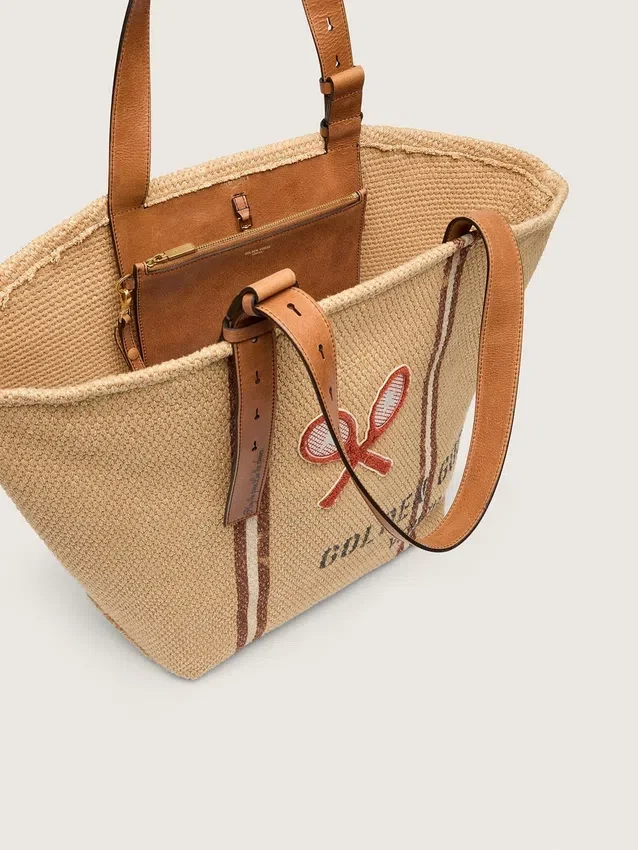 Bolso tote «24.7» de rafia natural y piel marrón con detalles metálicos dorados