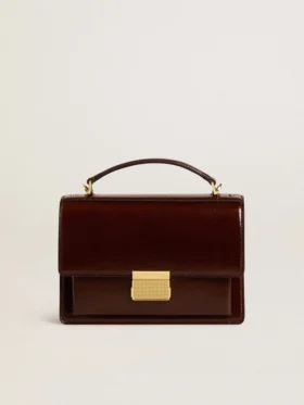 Bolso Venezia en piel laminada marrón oscuro con detalles dorados