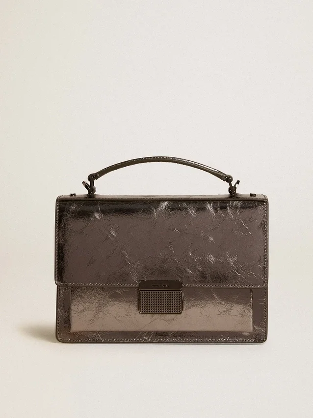 Bolso Venezia en piel metalizada gris antracita con detalles en negro