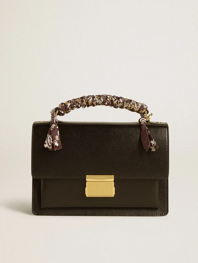 Bolso Venezia en piel negra con estampado de tablero y pañuelo multicolor