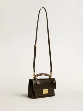 Bolso Venezia en piel negra con estampado de tablero y pañuelo multicolor
