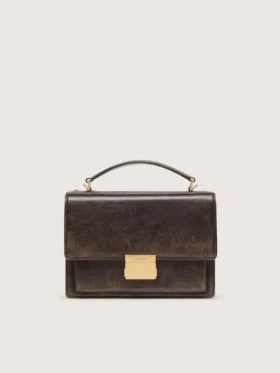 Bolso Venezia en piel vintage marrón oscuro con relieve y detalles dorados