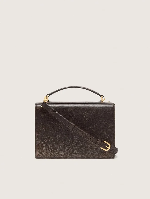 Bolso Venezia en piel vintage marrón oscuro con relieve y detalles dorados