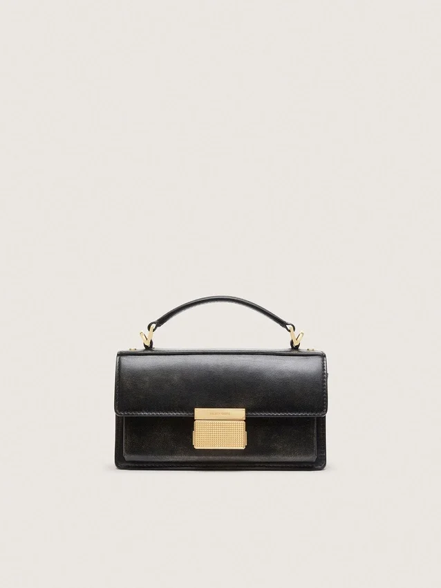 Bolso Venezia pequeño en piel negra envejecida con detalles dorados