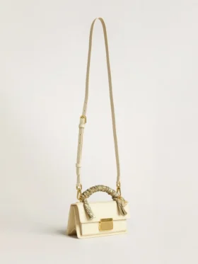 Bolso Venezia pequeño en piel repujada color mantequilla con bufanda trenzada y doble colgante