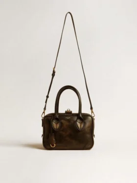 Bolso Vita en piel envejecida negra con detalles dorados