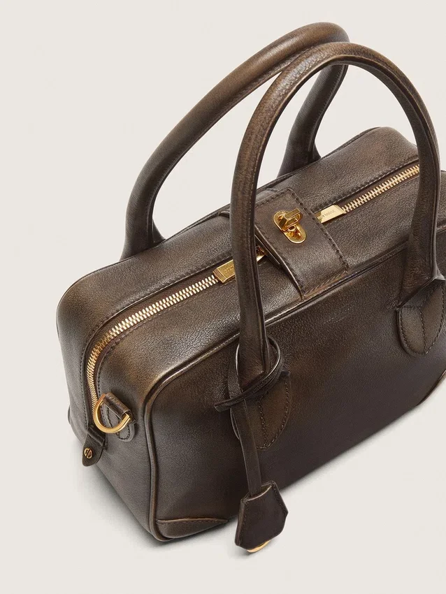 Bolso Vita en piel marrón vintage con detalles dorados