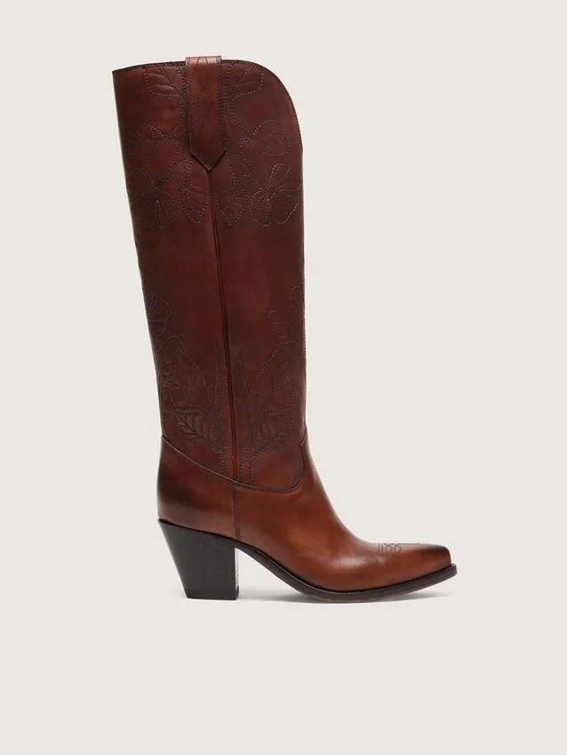 Botas altas Wish Star para mujer en piel marrón con bordados florales