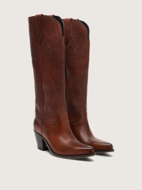 Botas altas Wish Star para mujer en piel marrón con bordados florales