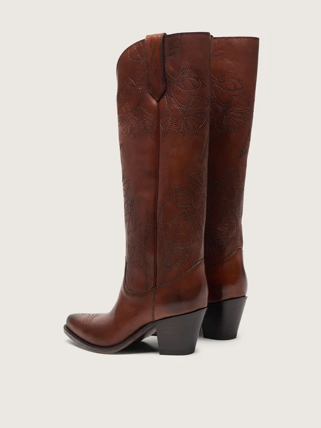 Botas altas Wish Star para mujer en piel marrón con bordados florales
