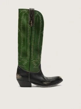 Botas altas Wish Star para mujer en piel negra con caña de piel verde y bordados blancos