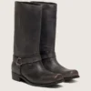 Botas moteras altas de mujer en piel negra con correa y hebilla plateada
